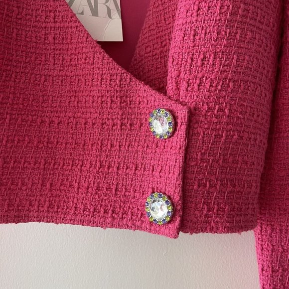 NWT ZARA NEW WOMAN SS22 FUCHSIA TEXTURED Weave CROP TOP 4661 Sz Small Tweed - Picture 7 of 8